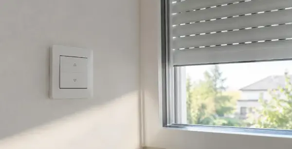 Interrupteur mural de volet roulant électrique à côté d'une fenêtre, volet à moitié levé, lumière du matin